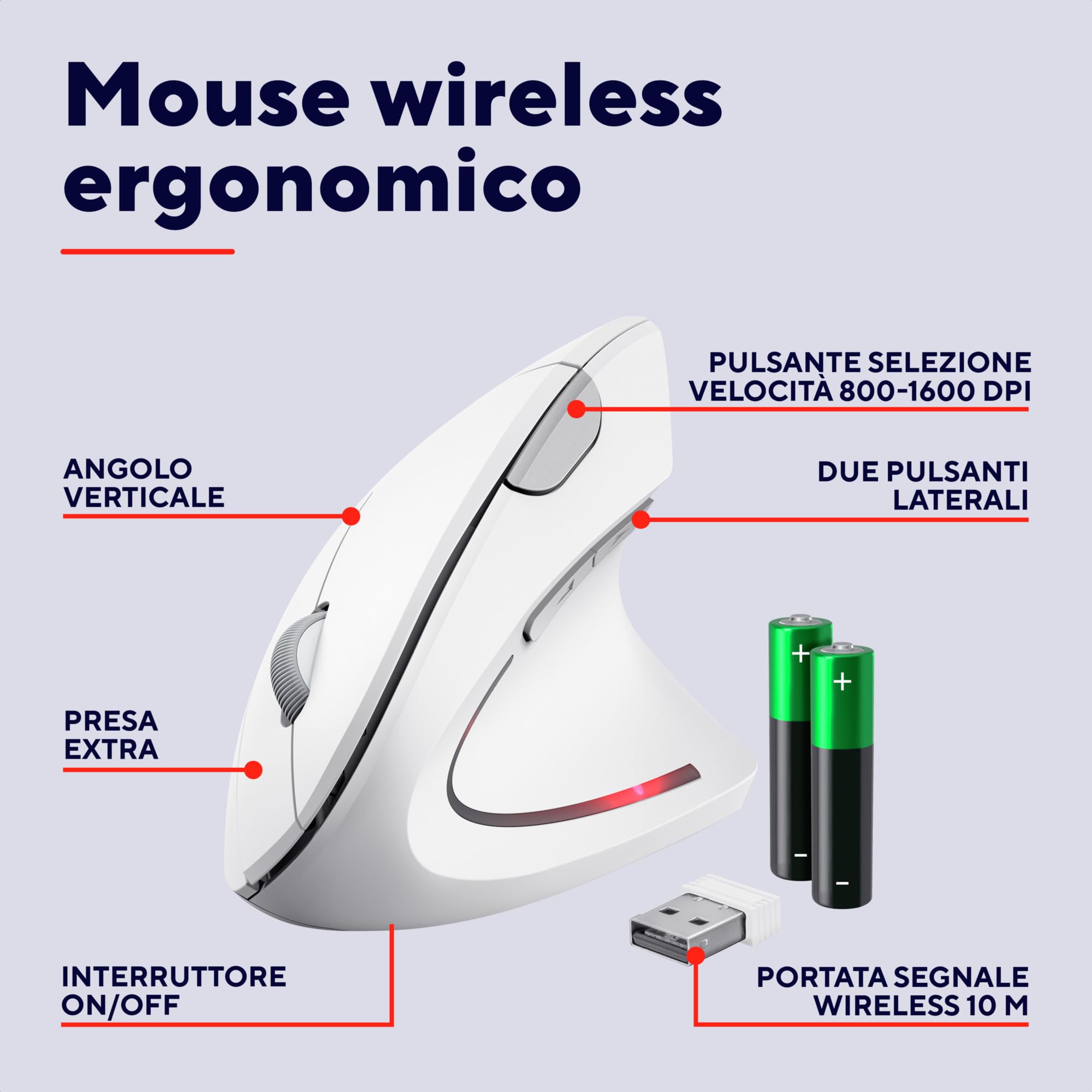 Trust Verto Mouse Verticale Wireless, Mouse Ergonomico senza Filo, Ridurre la Tensione del Braccio e del Polso, 800-1600 DPI, 6 Pulsanti, PC, Computer, Portatile, Mac, Batterie Incluse - Bianco