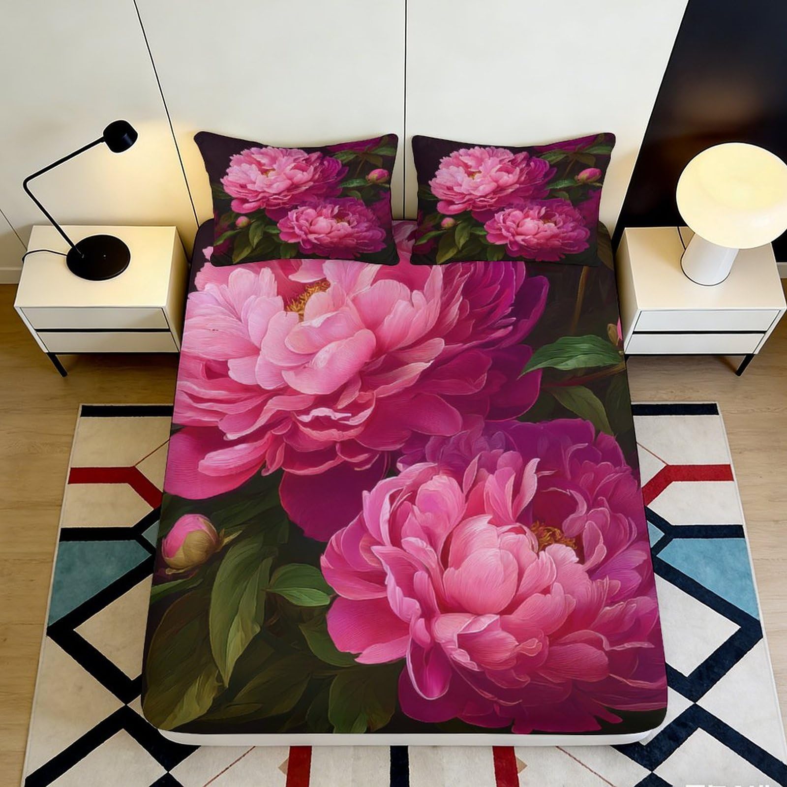 3D Printed Peony Pattern Fitted Sheet Microfiber Deep Pocket for Bedroom Bedding Peony Mattress Fitted Cover Non-Slip Washable 120x200x25cm