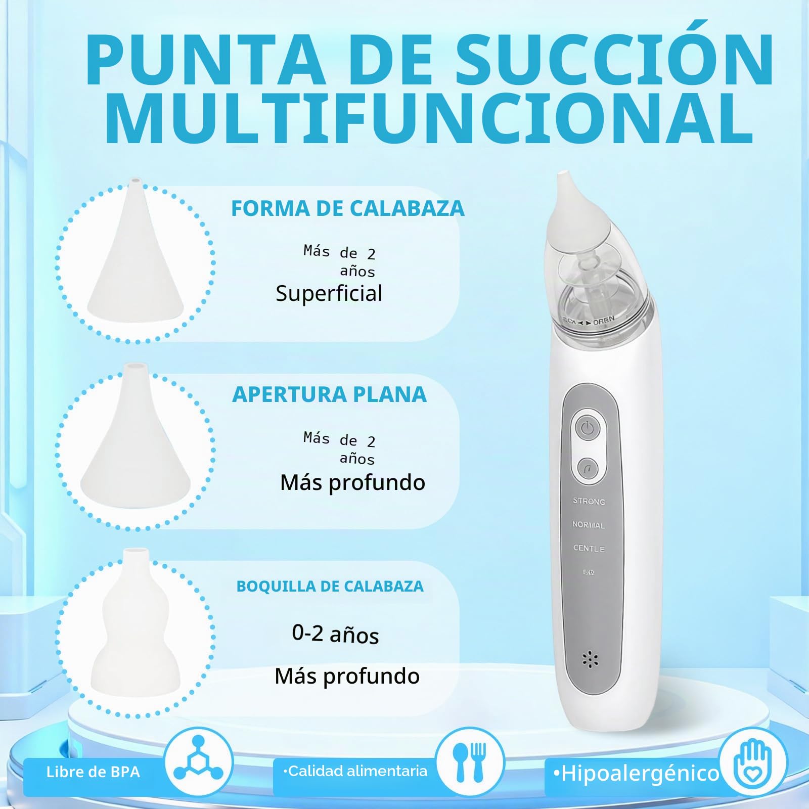 Aspirador nasal para bebé, chupador de nariz de bebé, limpiador de nariz de bebé para niños pequeños con 3 puntas de silicona suave y 3 niveles de succión ajustables, música calmante integrada