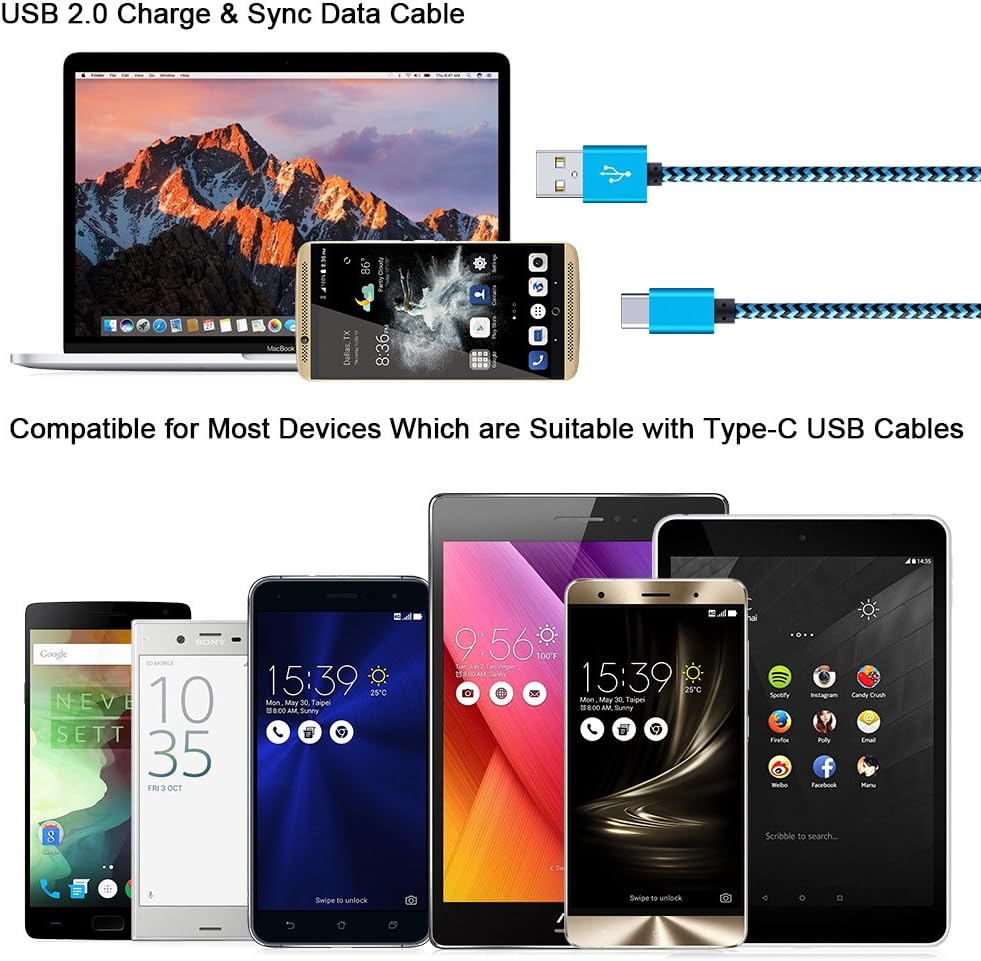 Type C Charger Cable, CIQILY 5-Pack 6FT USB C to USB 2.0 Braided Charger Cord for Samsung Galaxy S20 S10 S9 S8 Plus, LG G8 G7 V60 V35, Nexus 6P 5X, Google Pixel 4XL/2XL/3XL, Lumia 950 XL