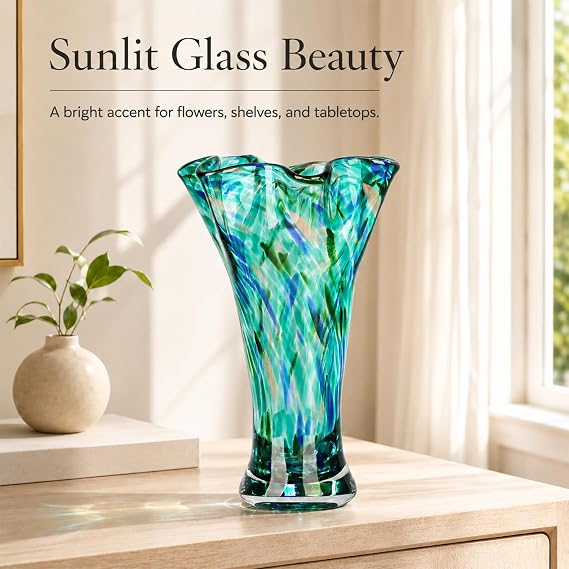9.0 H Teal Glass Vases for Flowers, Unique Hand Blown Glass Vase Green Home Decor, Wide Mouth Colorful Flower Vase Centerpieces, for Living Room Table Bookshelf, Bathroom Office Shelf Decorative