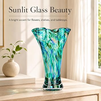 9.0 H Teal Glass Vases for Flowers, Unique Hand Blown Glass Vase Green Home Decor, Wide Mouth Colorful Flower Vase Centerpieces, for Living Room Table Bookshelf, Bathroom Office Shelf Decorative