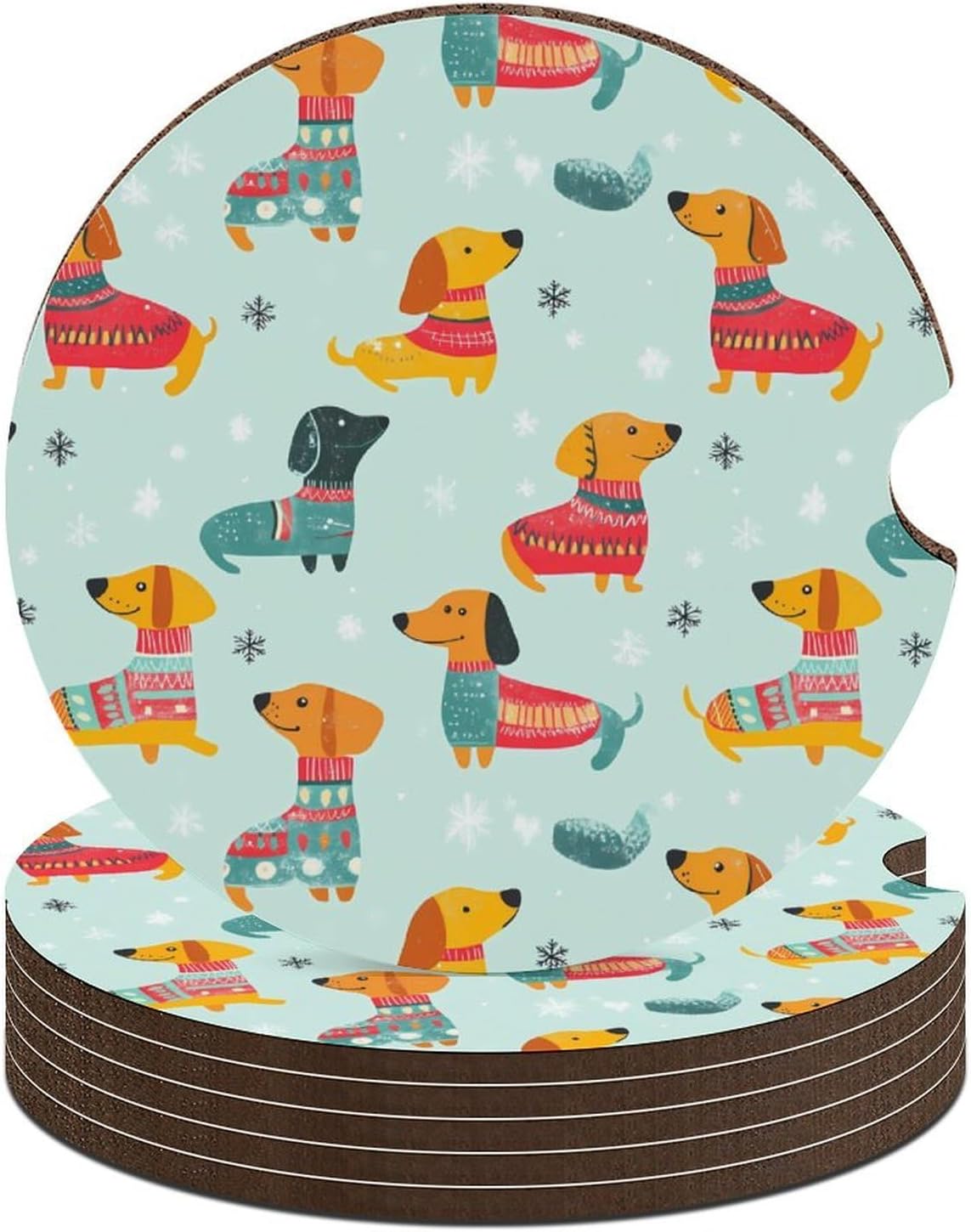 Cute Dachshund Dogs Snowflakes Cute Car Coasters 2.56 Inch Absorbent Cup Holder for Drinks Auto Interior Accessories