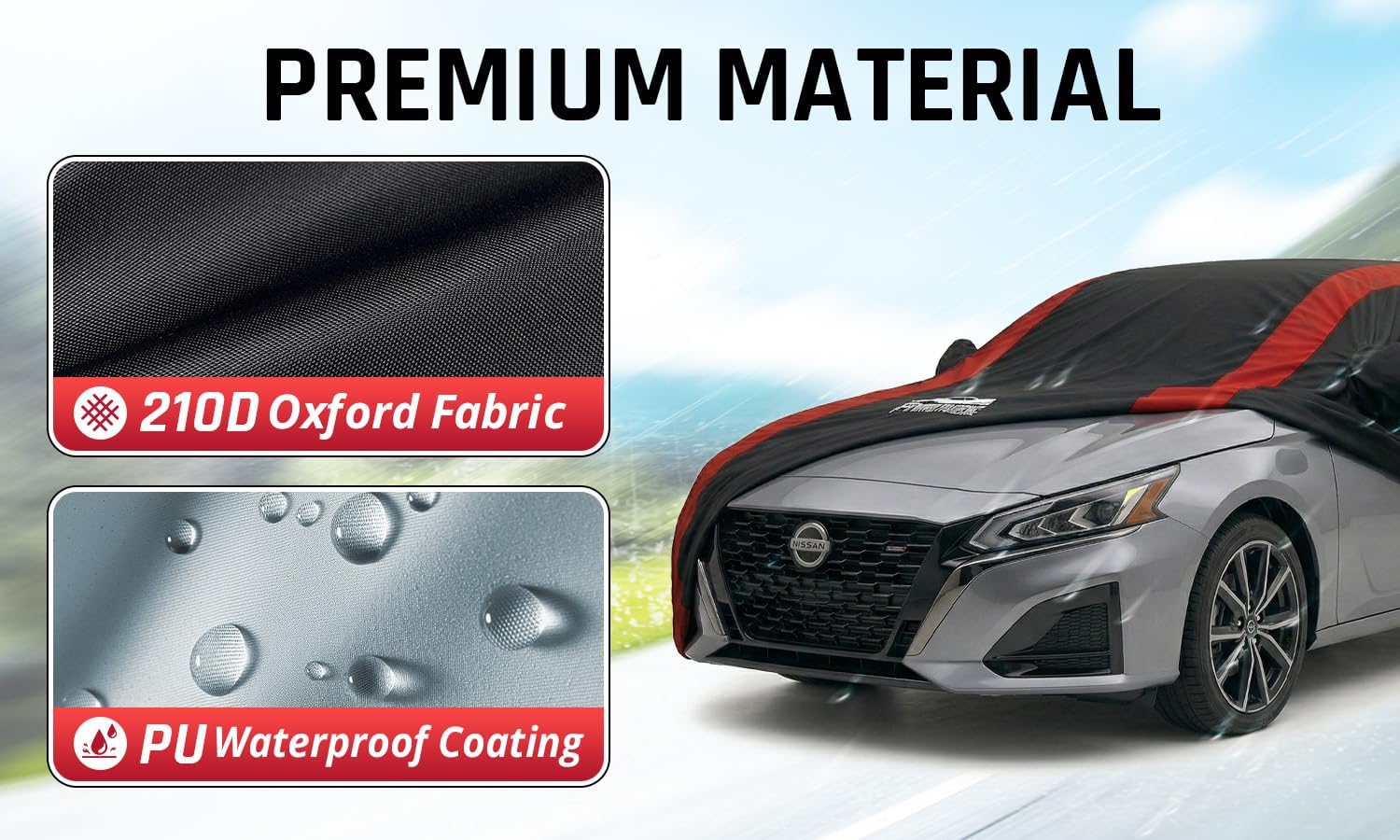 Altima Car Cover Waterproof All Weather with Red Strip Design, Custom Fit for Nissan Altima 2002–2025, Altima Accessory with Door Zipper & Windproof Straps