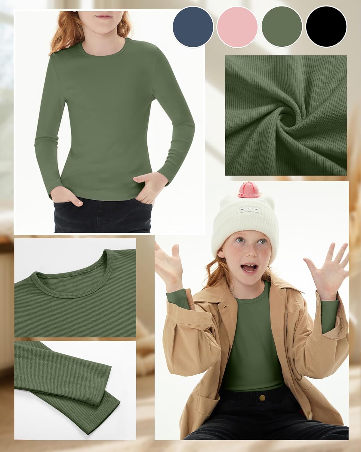 4 Pack Girls Long Sleeve Shirts Ribbed Knit Cotton Crewneck Tops Slim Fit Soft Casual Kids Base Layer Undershirts - Image 6