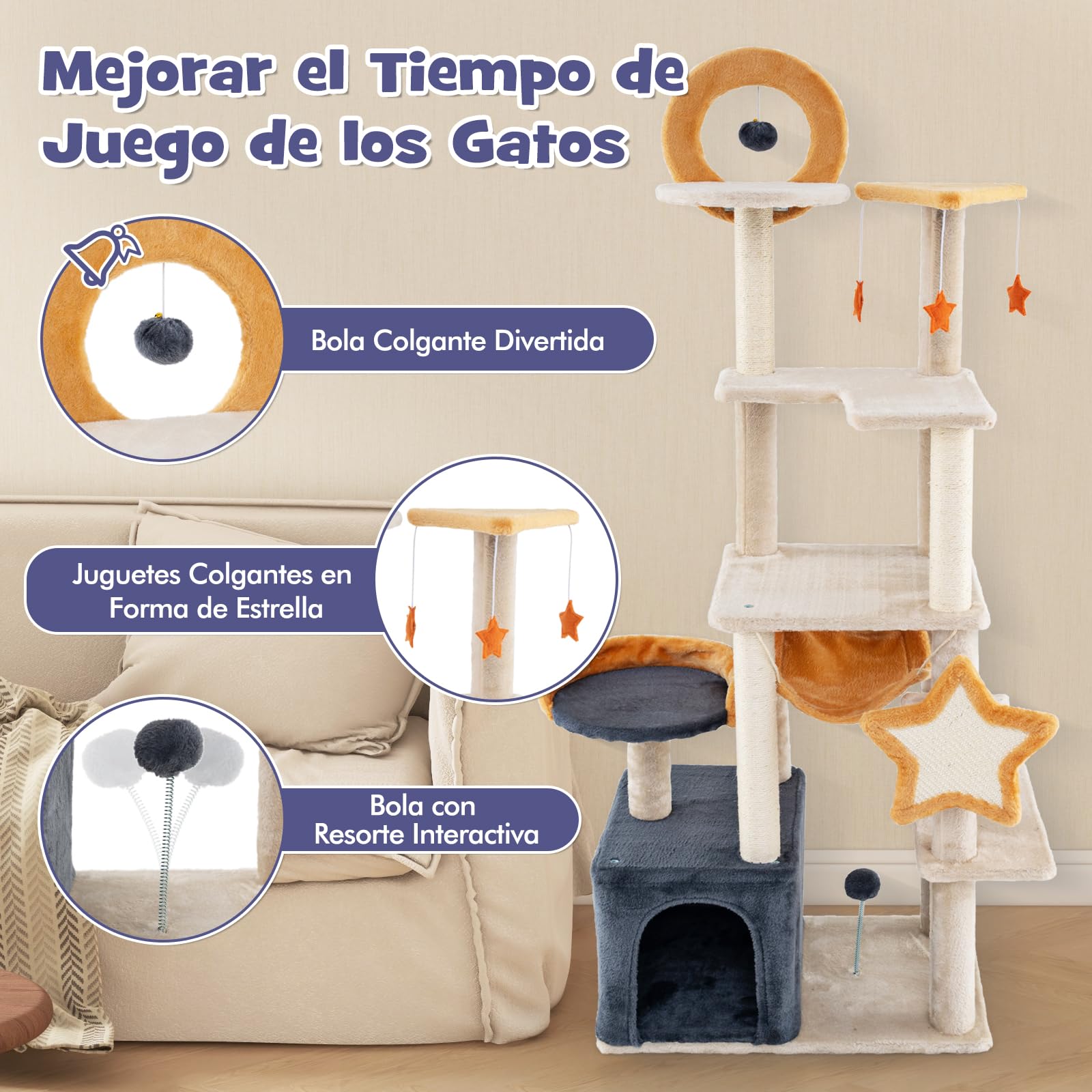 COSTWAY Árbol Rascador para Gatos, Altura 160cm, Rascador para Gatos de Varios Niveles con Postes de Sisal y Tablero, Condo, Plataforma y Perchas, Juguetes Colgantes, Tela de Felpa, Torre para Gatitos