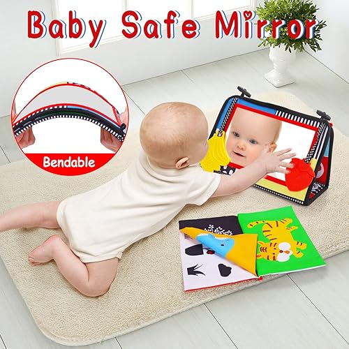 Miniatura 4 de Espejo para bebé Tummy Time, juguetes para bebés recién nacidos de 0 a 3 meses, desarrollo cerebral con libro de tela arrugada, mordedor, color
