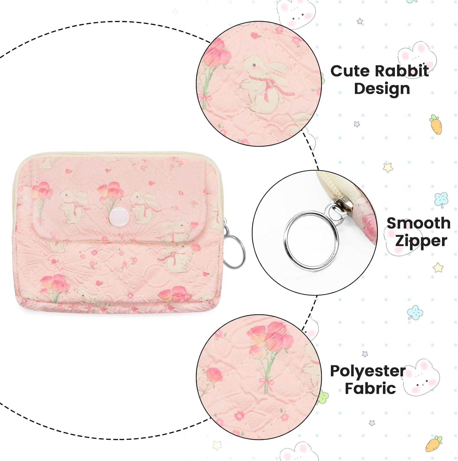 LJCZKA Cotton Quilted Coin Purse for Women, Small Cute Storage Bag with Zipper, Kawaii Mini Coin Pouch with Keyring for Kids - Image 3