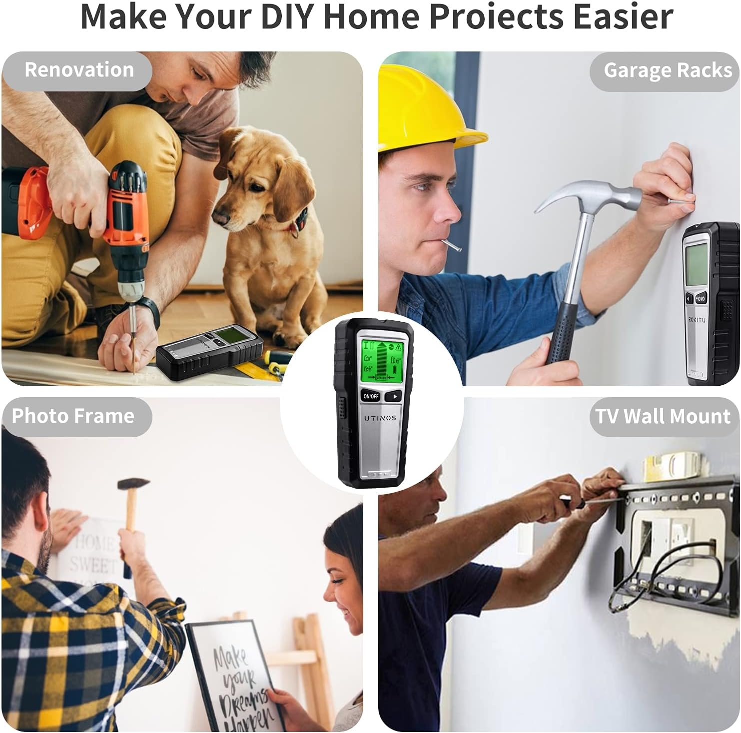 UTINOS Stud Finder Wall Scanner 5 in 1 Multi-function Upgraded Smart Stud Sensor, with AC Wire Warning for Locating Center & Edge of Studs or Metal and AC Wire Detection