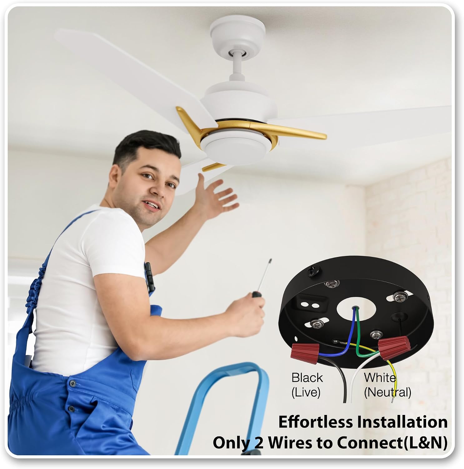 SMAAIR Ceiling Fans with Lights, 3 White Blades Low Profile Ceiling Fan with Remote 44 Inch Downrod Ceiling Fan 10-Speed Noiseless Reversible BLDC Motor, White and Gold, ETL Listed