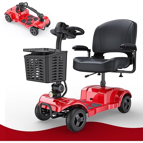 ENGWE Folding 4 Wheel Mobility Scooter,15 Mile Long Range, 250W Electric Powered Mobile Wheelchair for Seniors Adult with Detachable Basket, Front Light (Red, XL Cushion)