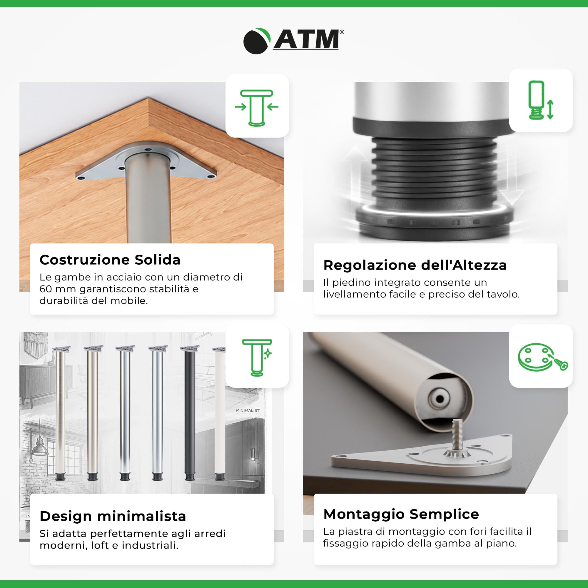 ATM Set di 4 Gambe per Tavolo 110cm Regolabili in Altezza Metallo Piedini per Mobili Ø 60mm Gamba per Tavolo Cucina Banco Lavoro Supporto Cilindrico - Bianco