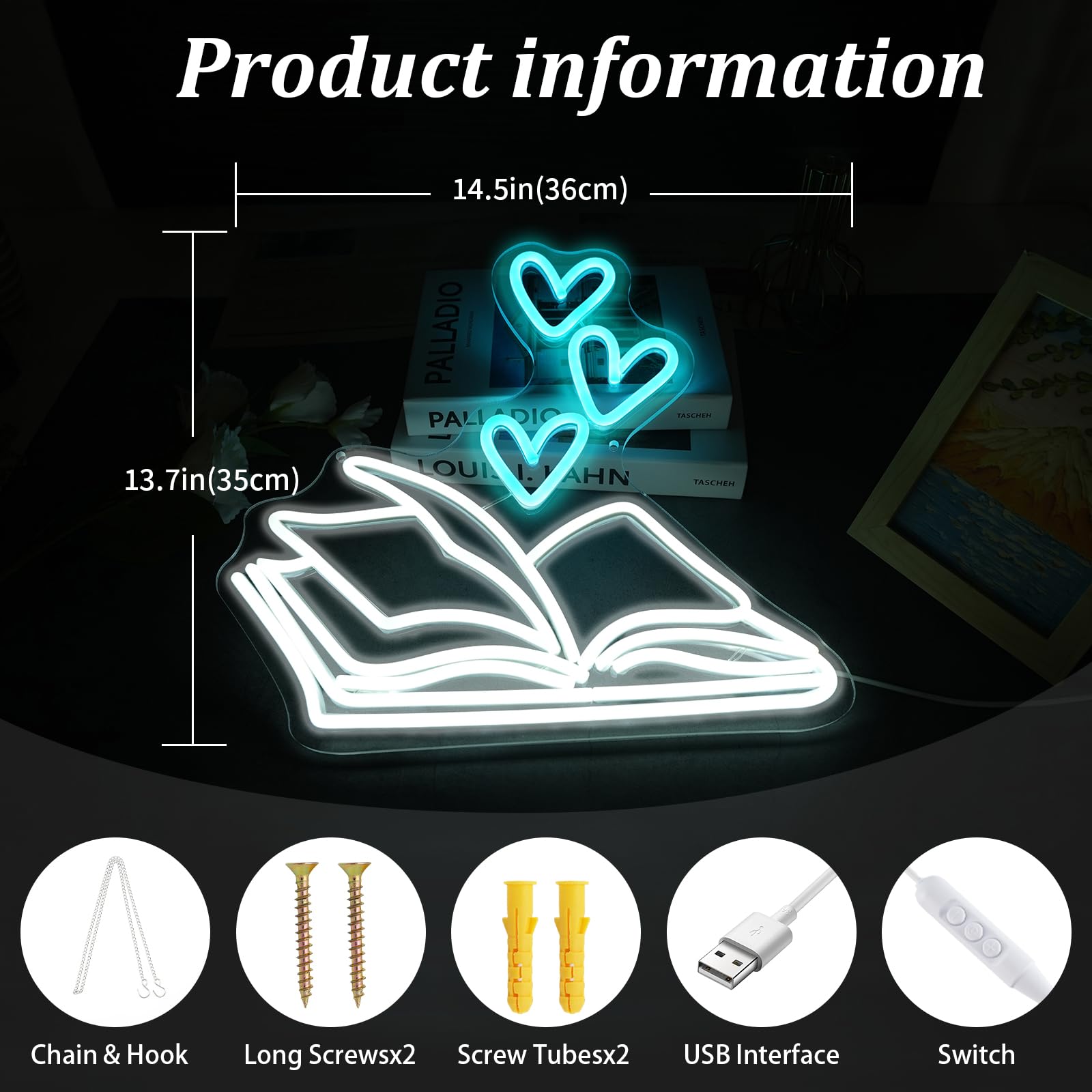 Insegna al neon a forma di libro, libro di lettura, luce a LED al neon, insegna al neon per biblioteca, decorazione per angolo lettura, regalo per libri, lettura per bambini, studio, casa, biblioteca,