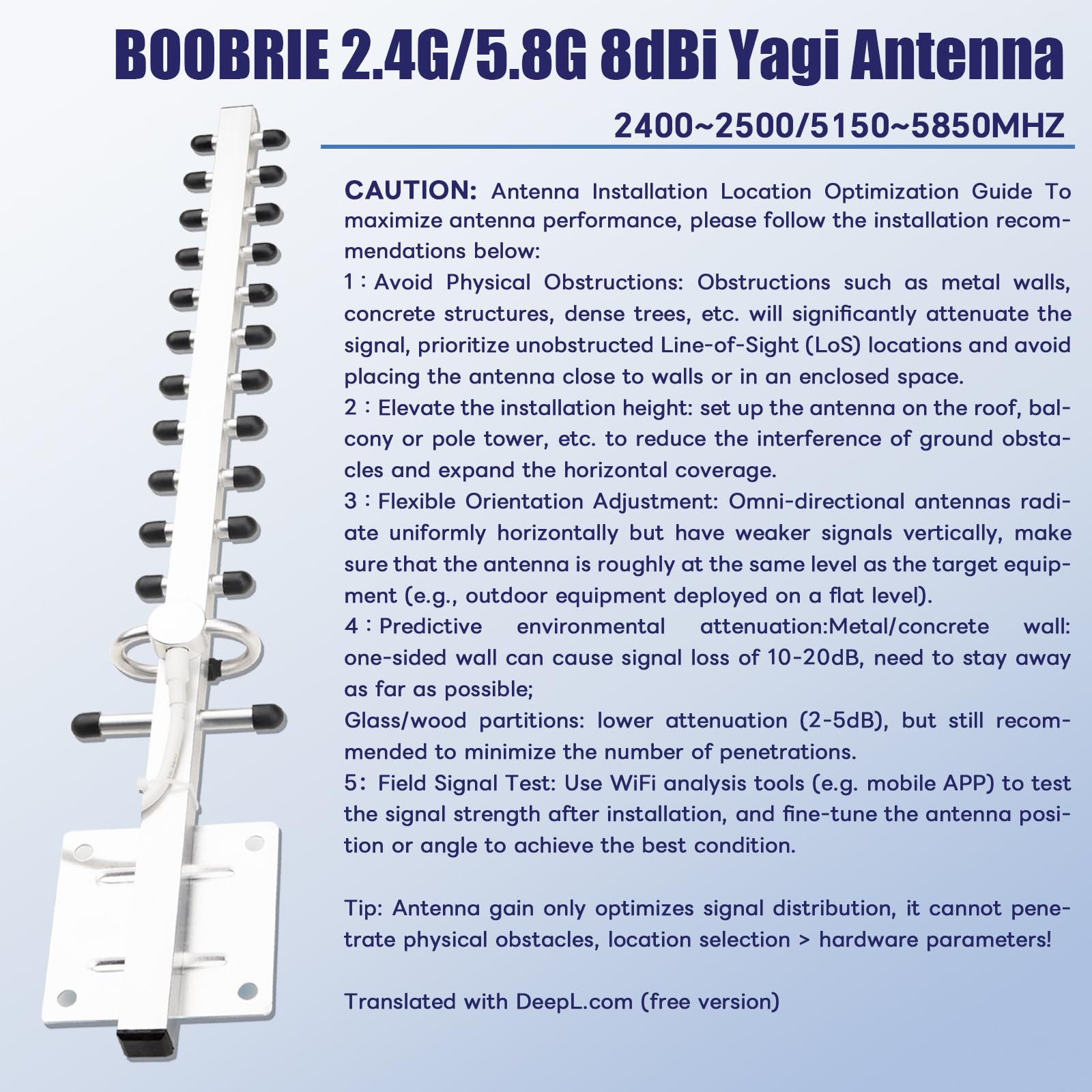 Antenne WiFi Yagi double bande 2,4 G/5,8 G 8 dBi directionnelle extérieure à gain élevé RP-SMA connecteur femelle 1,5 m Câble RG58 13 unités Yagi