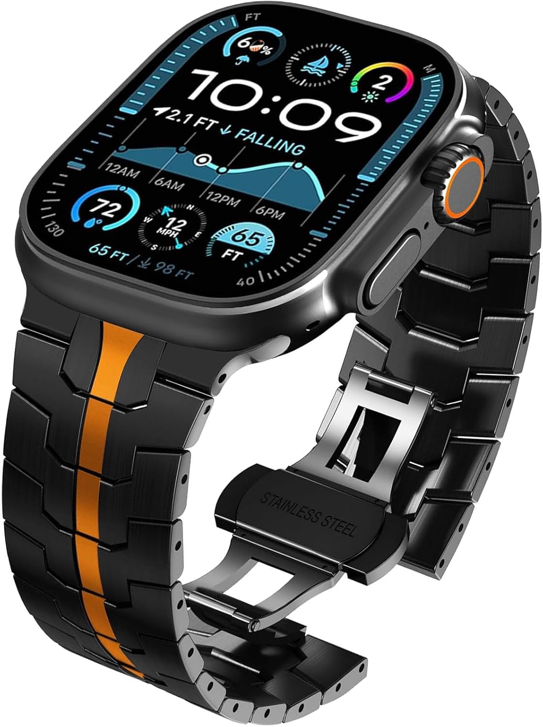 Wingle Stainless Steel Bands for Apple Watch Band Ultra 3/2/1 Band Ultra 49mm Series 11 10 46mm 45mm 44mm 42mm SE 3/2/1 Series 9 8 7 6 5 4 3 Men, Classy Business Rugged Metal iWatch Bands,Black/Orange