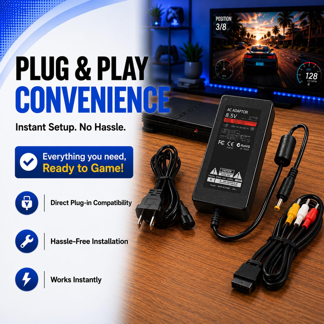 Cable adaptador de cargador de CA para Sony PlayStation 2 PS2 Slim A/C 70000 9000 SCPH-70000 7000 Gaming Console cargador de pared de viaje