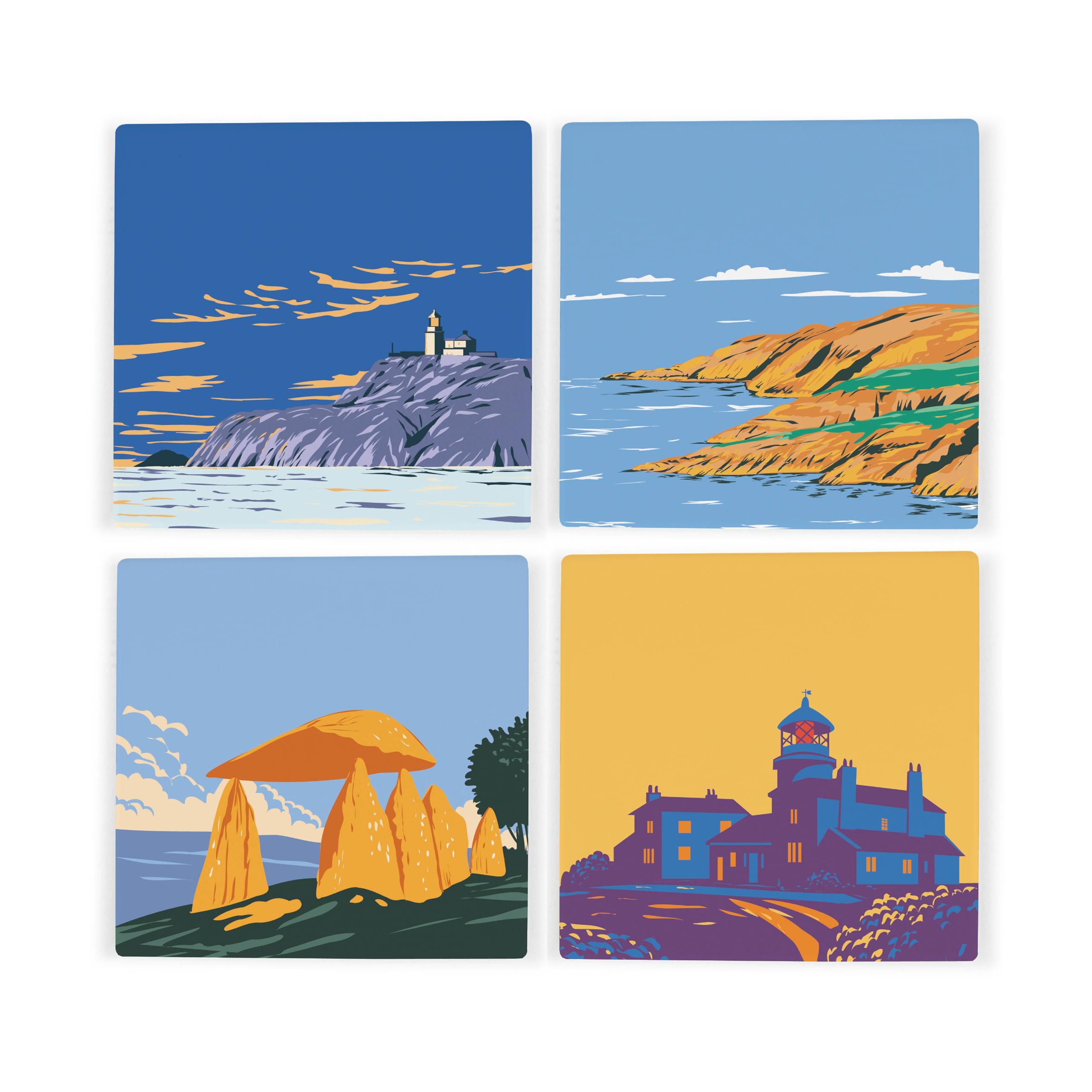 Purely Home Pembrokeshire Ceramic Coaster Set - Uk Welsh Landmarks/Landscapes Square Set Of Four (4) Coasters Gift