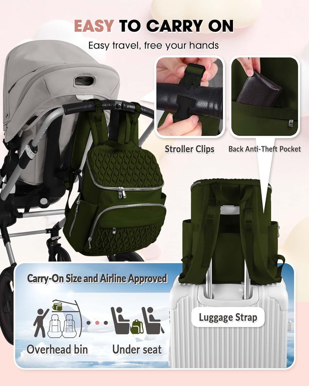 Baby Diaper Bag Backpack, Expandable Baby Bag for Girl Boy, Travel Diaper Backpack with Insulated Pocket, Changing Pad, Quilted Diaper Bag for Mom Dad, Newborn Baby Essentials Army green
