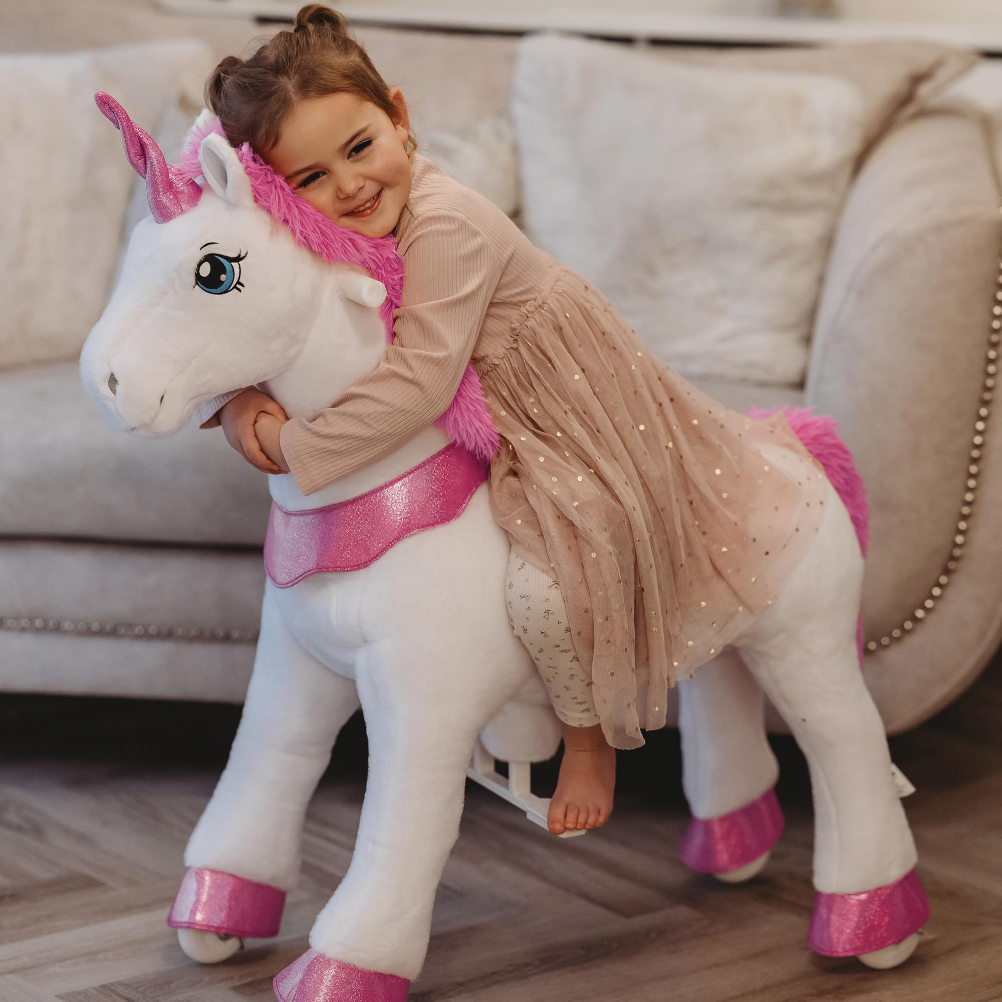 Unicorn Ride on Toys for Girls Horse Spirit Toys, Essential Model E Size 4 for Kids Age 4-8/35.4" Height, Birthday Gifts Plush Walking Animal Giddy up Riding Toys Ride on Pony Pink E412