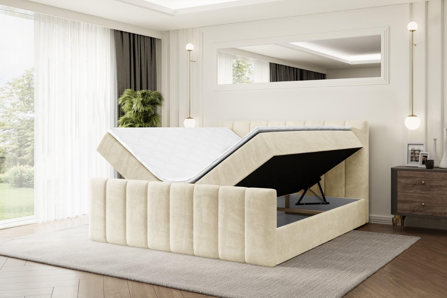 ALTDECOR Boxspringbett mit Matratze und Lattenrost, Boxbett, Topper, Fußteil, Polsterbett mit Bettkasten, Bett mit Stauraum H3-Matratze, Springboxbett - OTTA-Z - 200x200 - Beige Monolith 04