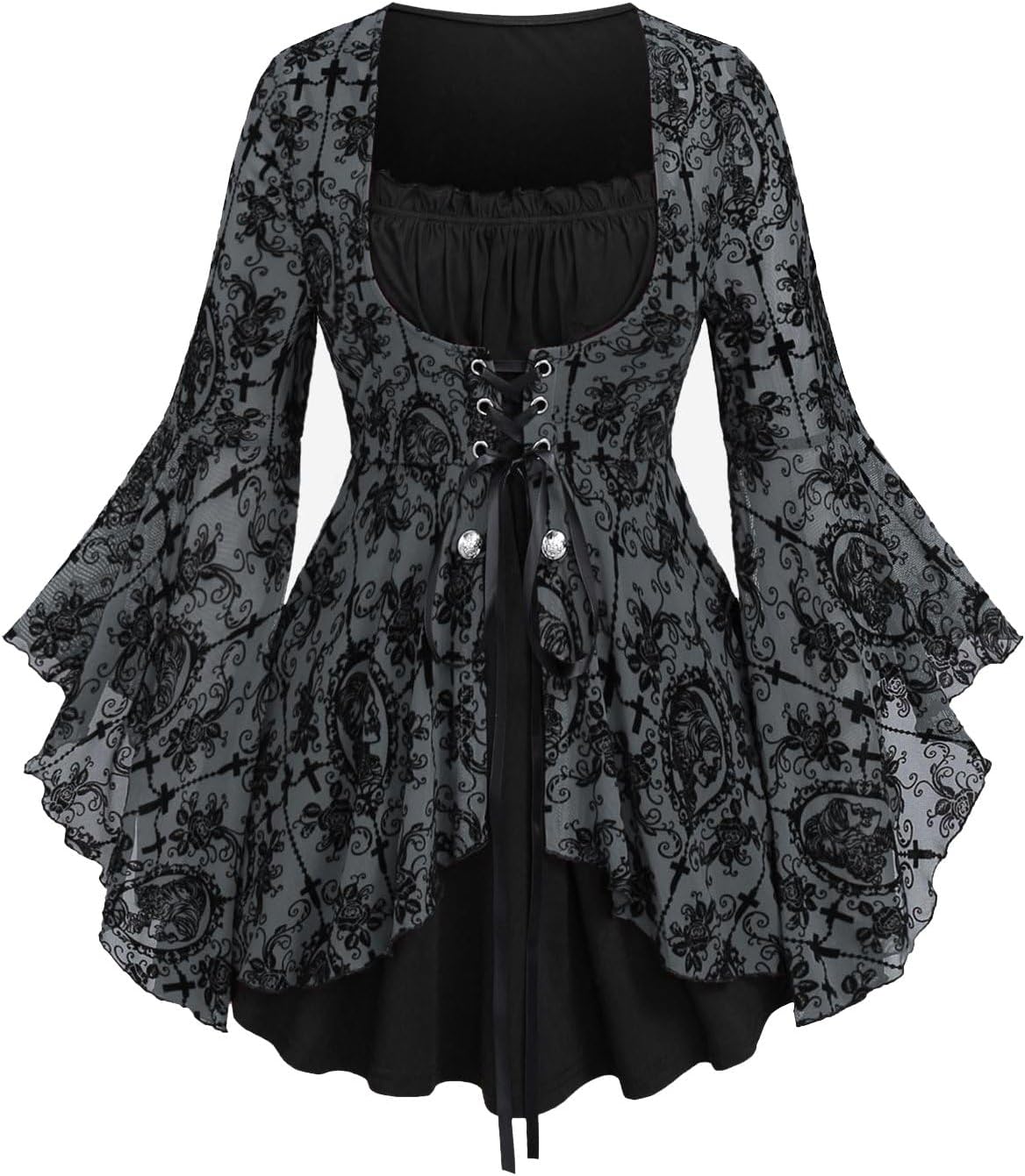 ROSE GAL Women Plus Size Flare Sleeves Ruffles Flower Lace Up 2 in 1 Top