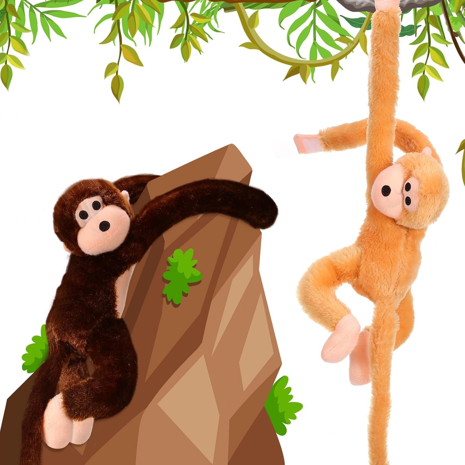 Hanging Monkey Stuffed Animal, 27.5 Inch Interactive Plush Monkey Toy with Sound & Long Arms for Curtain Tie-Back, Kids Room Decor (Coffee+Yellow)