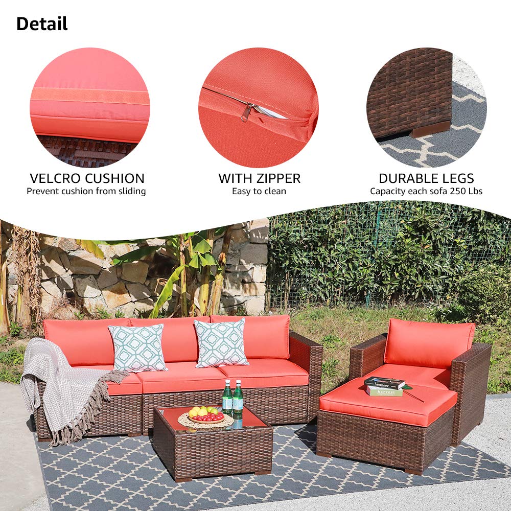 Amazon Com Oc Orange Casual Outdoor Furniture Sectional Sofa Patio Conversation Sets Brown Wicker With Orange Seat Cushions Tempered Glass Coffee Table 6 Pieces Garden Outdoor
