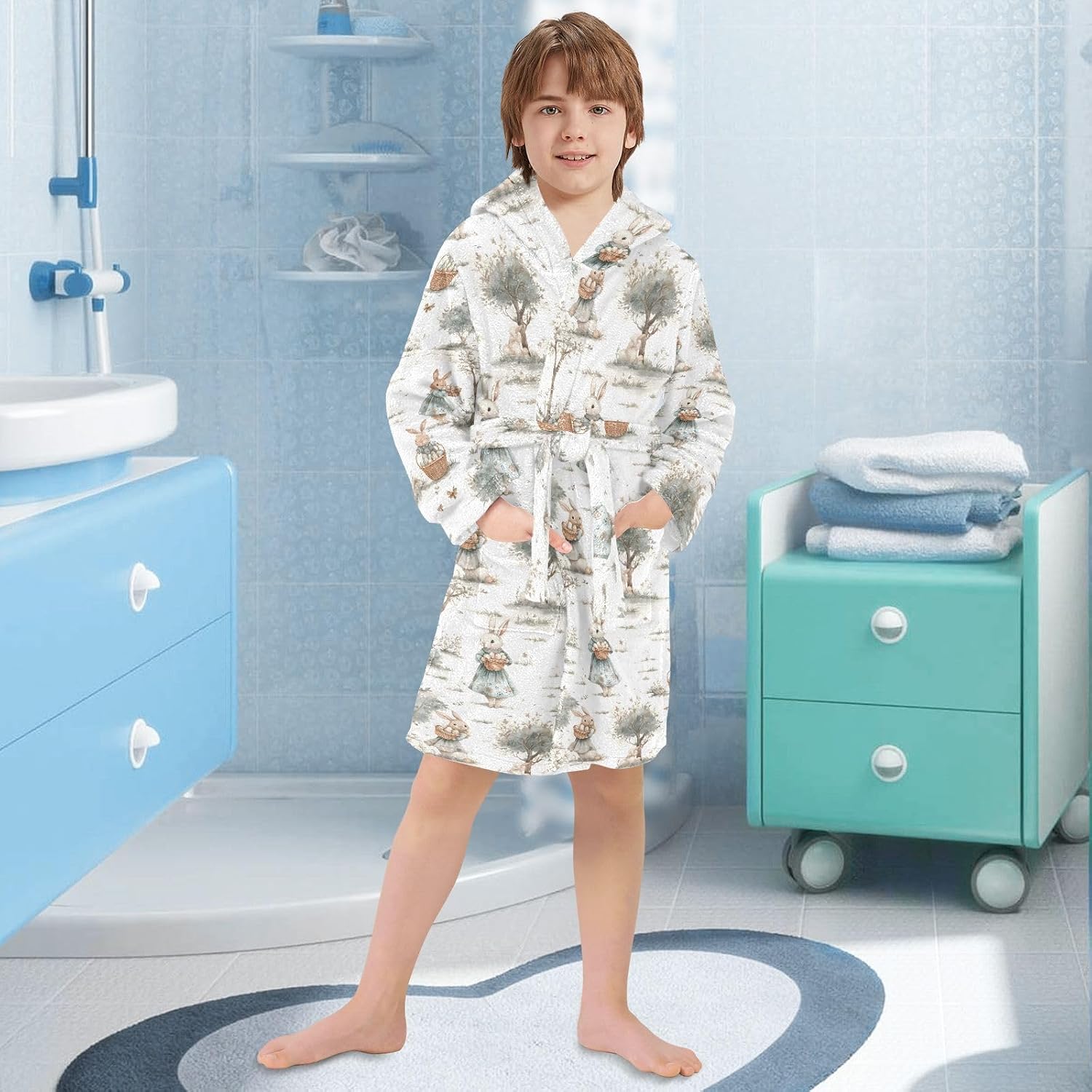 senya Watercolor Cute Bunnies 1 Toddler Hooded Bathrobe Kids Soft Plush Bath Towel Robes for Boys Girls 2-12 Years