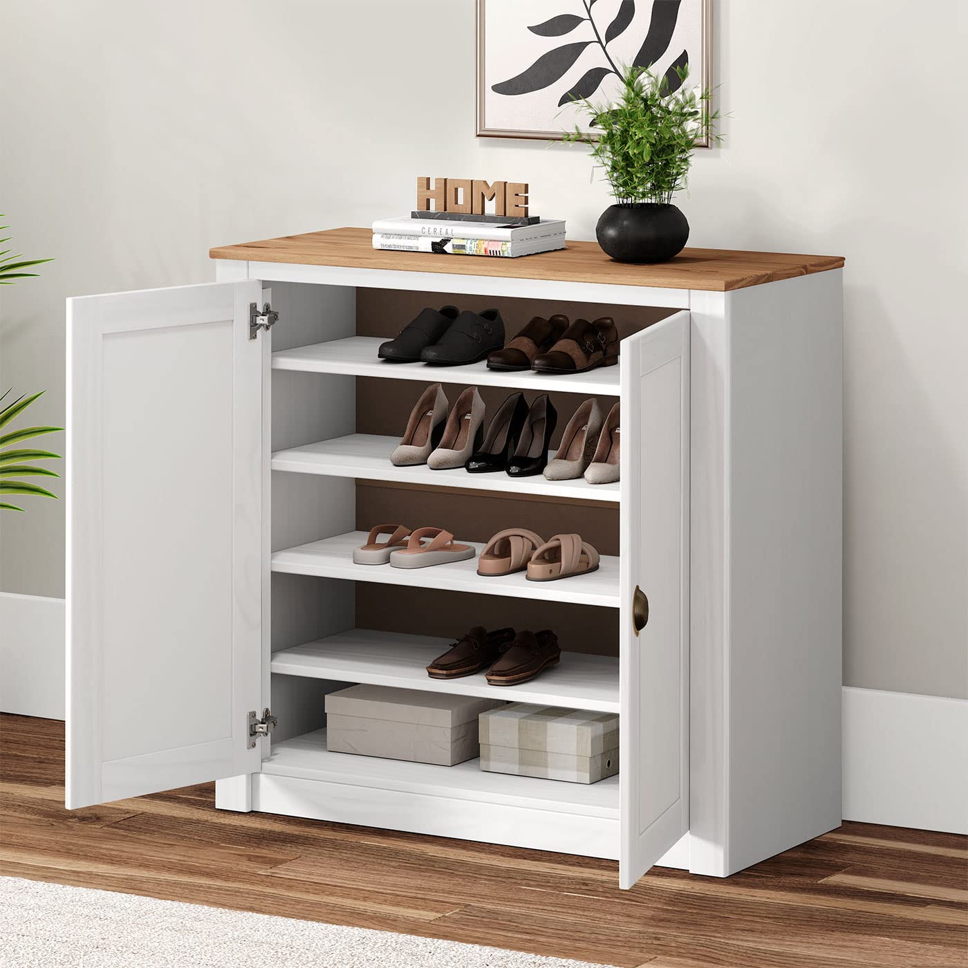IDIMEX Kommode Bolton aus Kiefer in weiß/braun, Sideboard mit 2 Türen und Muschelgriffen, Buffetschrank aus Massivholz inkl. Einlegeböden