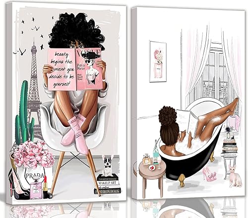 2 piezas enmarcadas de arte de pared afroamericano, moderno negro para niñas y mujeres, impresiones de póster de playa rosa, juego de obras de arte