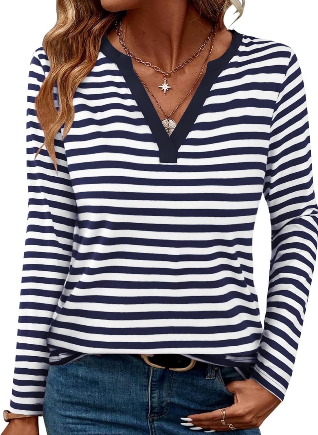 LilyCoco Womens Striped Long Sleeve Shirt V Neck T Shirts Casual Fall Boho Tops