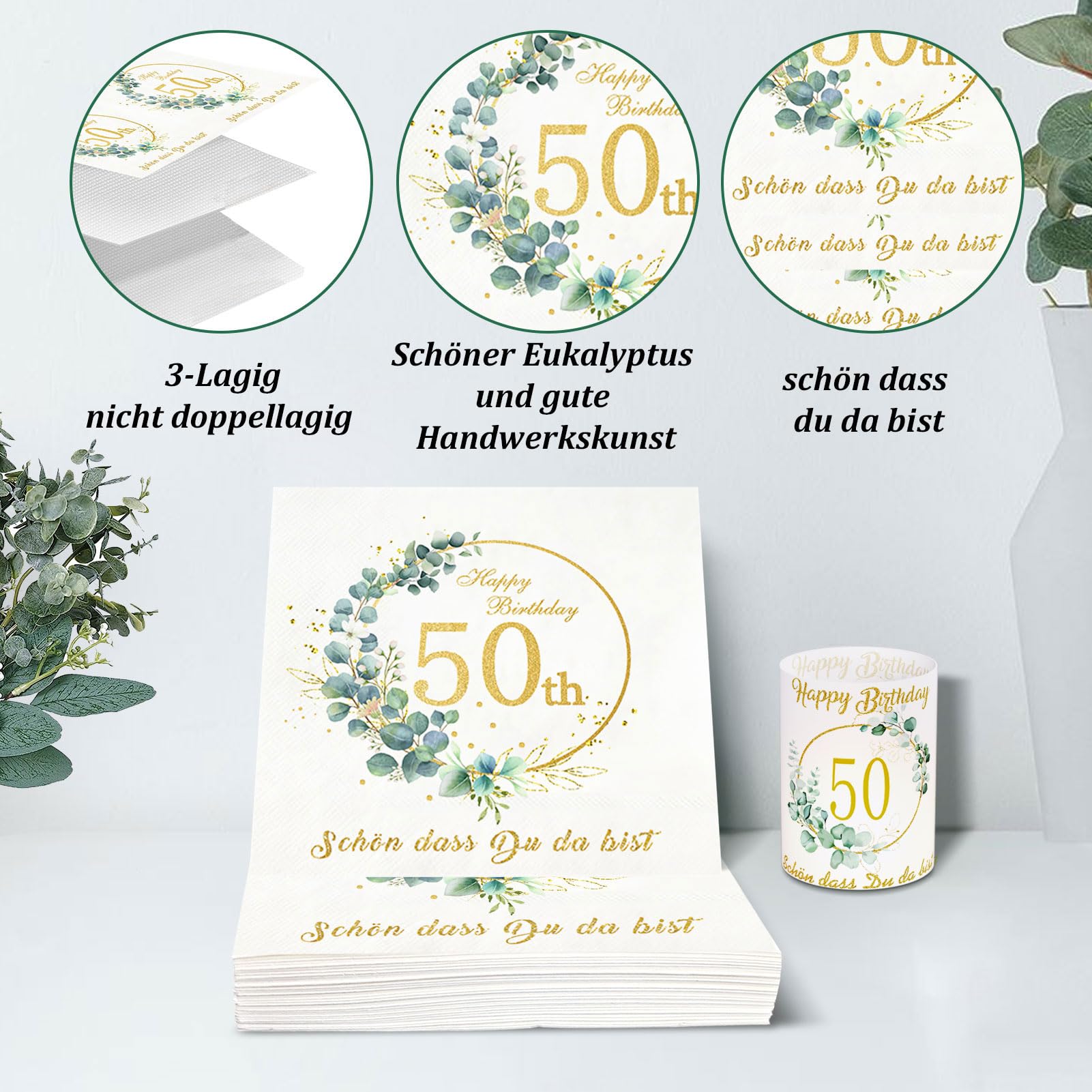 Kit Décoration Table Anniversaire Vert Eucalyptus - 20 Serviettes, 12 Photophores, 100 Confettis