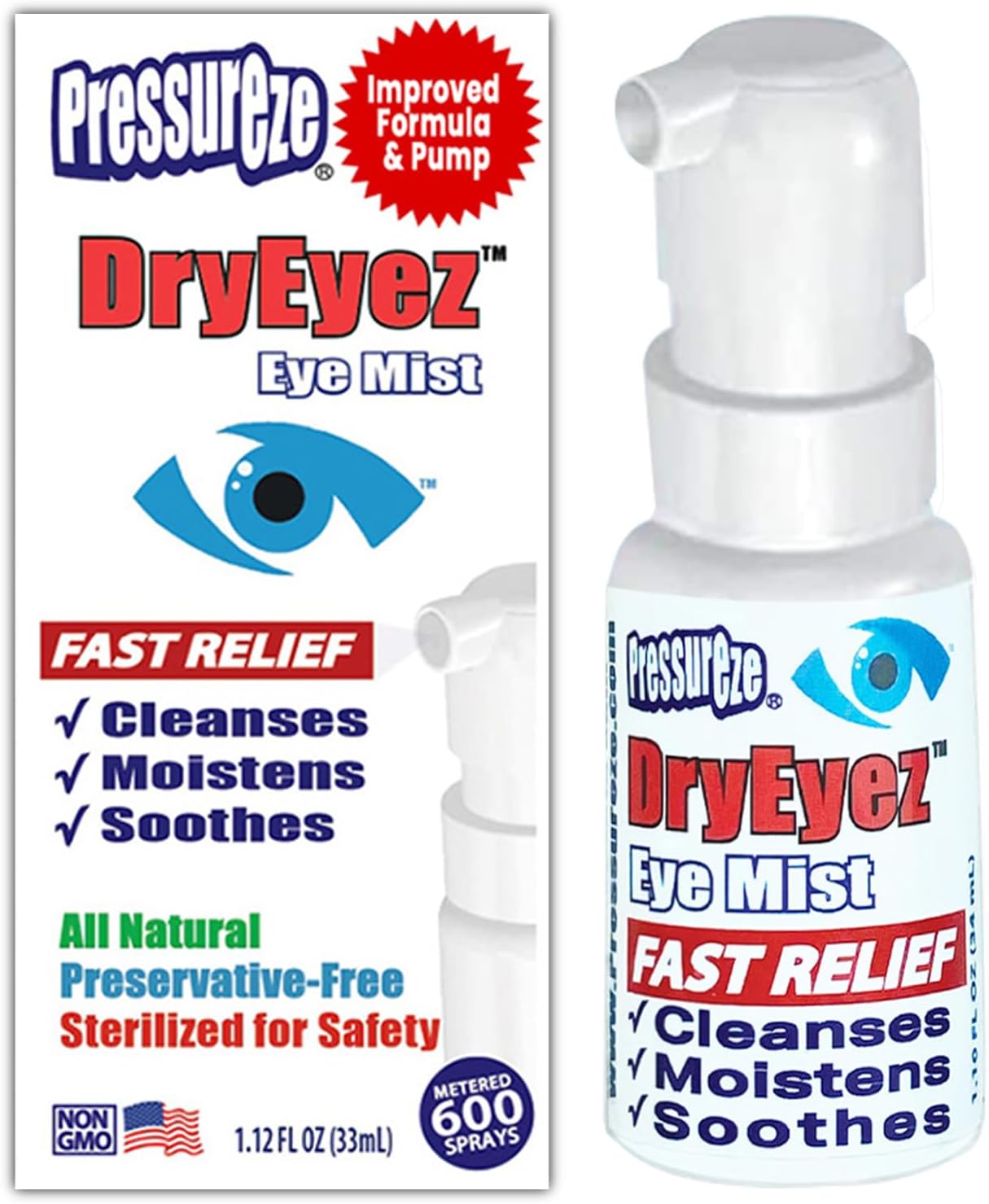 Pressureze DryEyez Natural Eye Relief for Sensitive, Dry, Sore, Irritated Eyes - Preservative-Free, Sterile - Cleanses, Moistens, Soothes 33ml, Made in USA (Pack of 1)