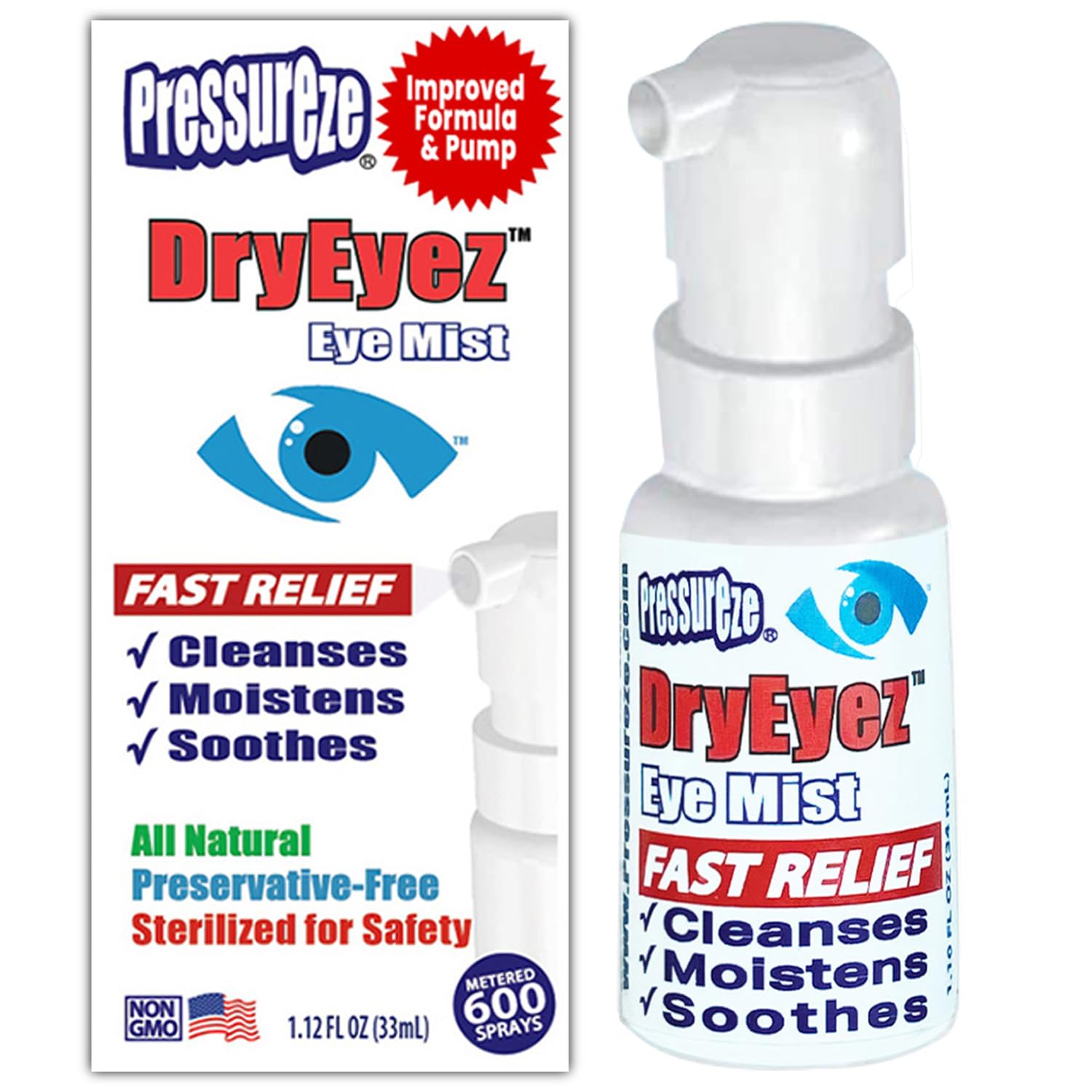 DryEyez Natural Eye Relief for Sensitive, Dry, Sore, Irritated Eyes - Preservative-Free, Sterile - Cleanses, Moistens, Soothes 33ml, Made in USA (Pack of 1)