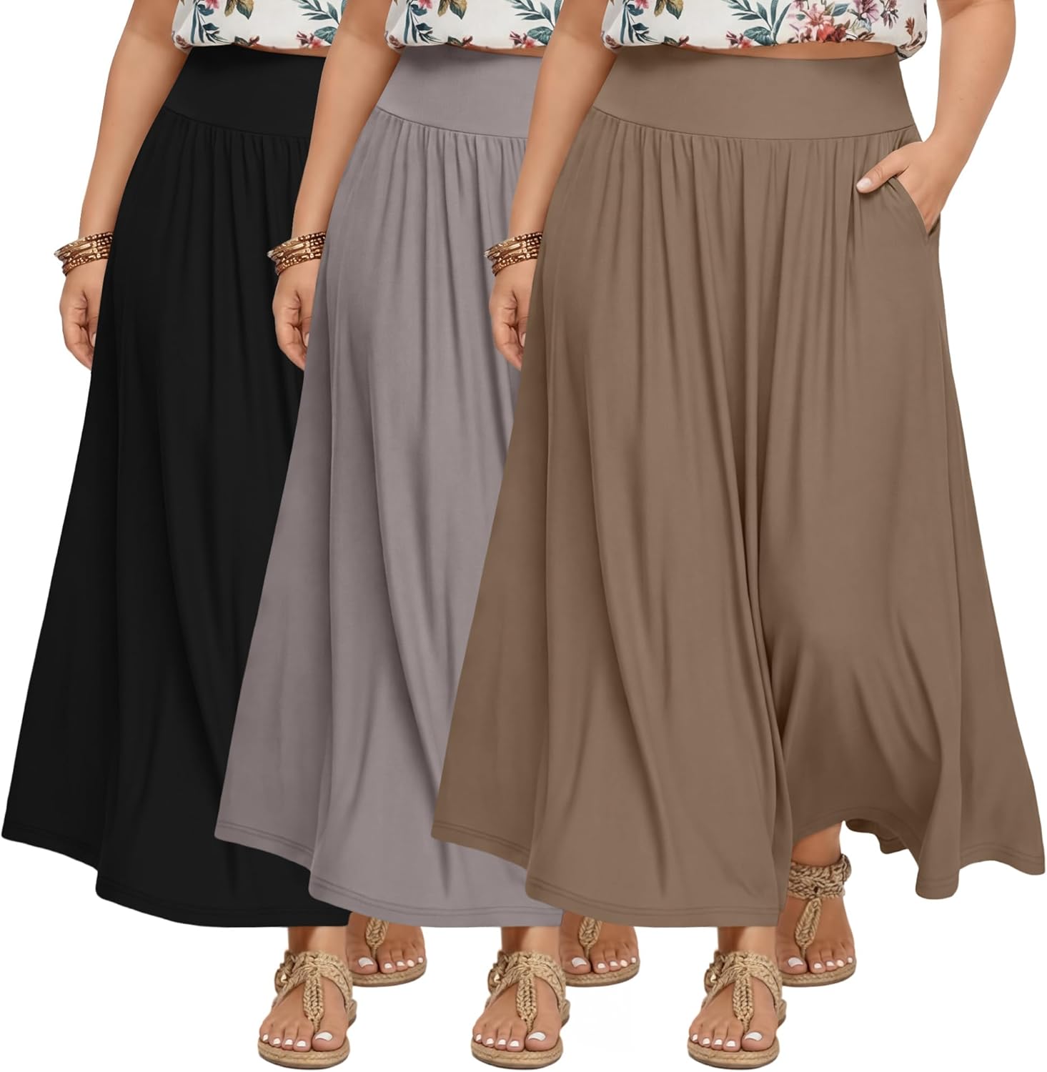 3 Pack Plus Size Maxi Skirts for Curvy Women Flowy Casual High Waisted Ankle Length...