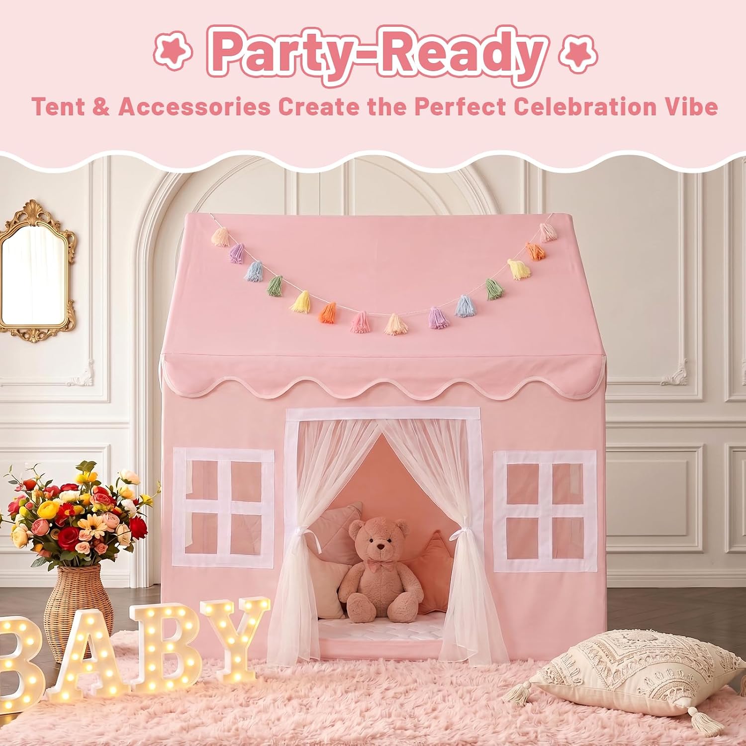 Kids Play Tent Indoor: with Mat, Tassel Garland - Large Pink Kids Tent Indoor Playhouse for Kids Toys for Boy Girl Birthday Gift thumbnail