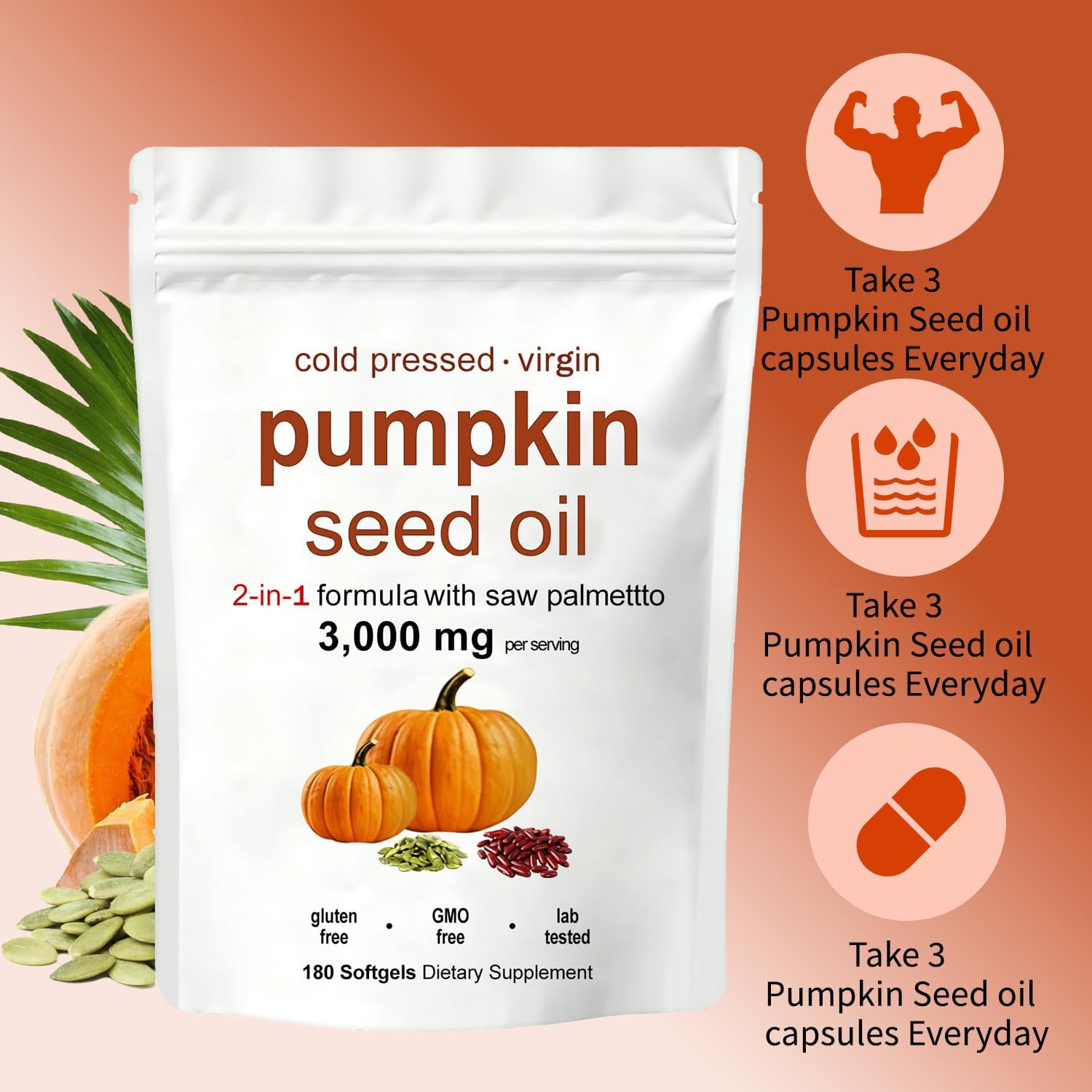 Pumpkin Seed Oil Capsules | Pumpkin Seed Oil with Saw Palmetto - Cold-Pressed | Easy-to-Swallow Softgels – Resealable Package | Non-GMO - 180 Pc/1 Bag (Z-1) - Image 5