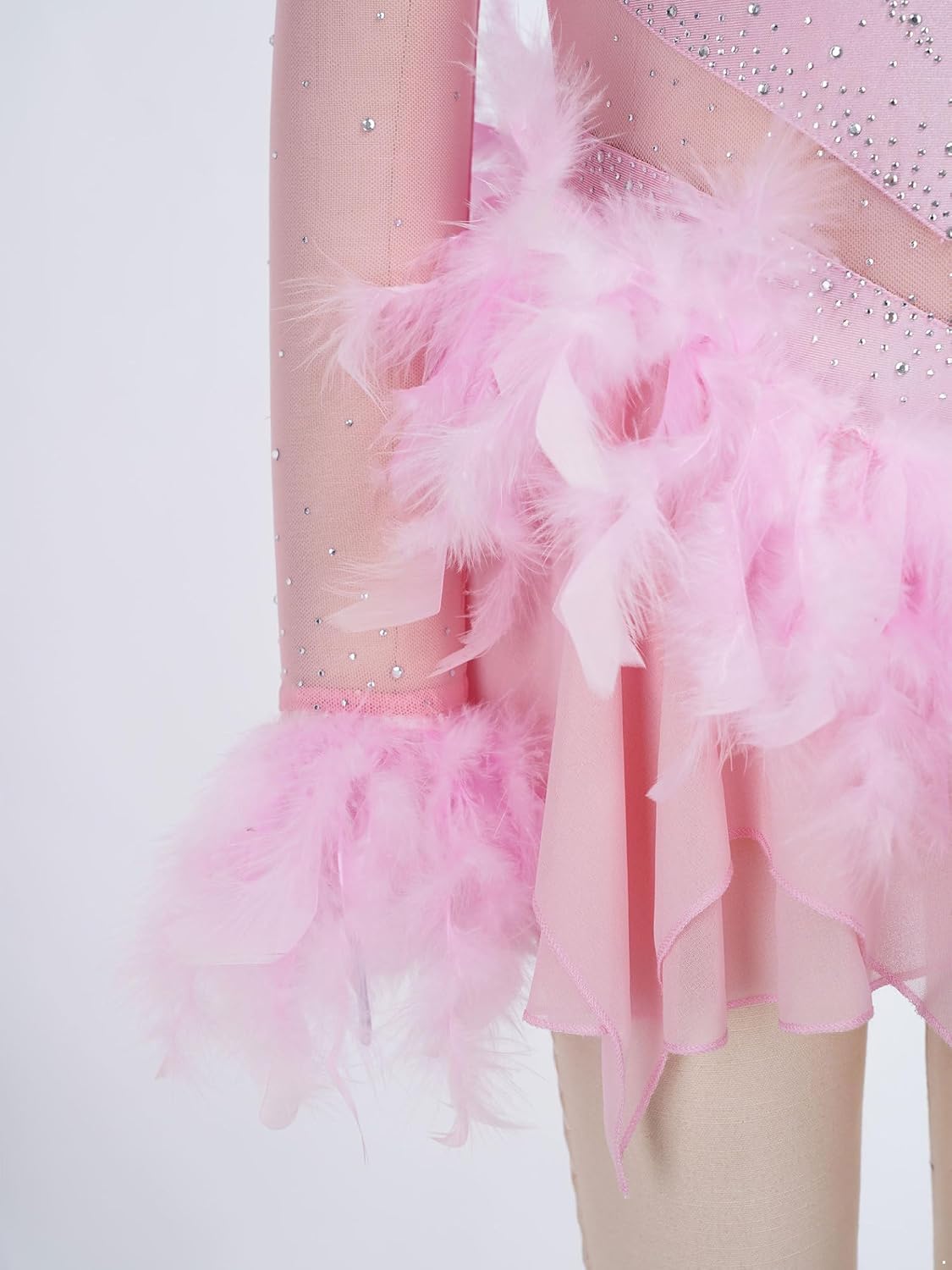 Girls Figure Ice Skating Dress Sheer Mesh Feather Skirted Leotard