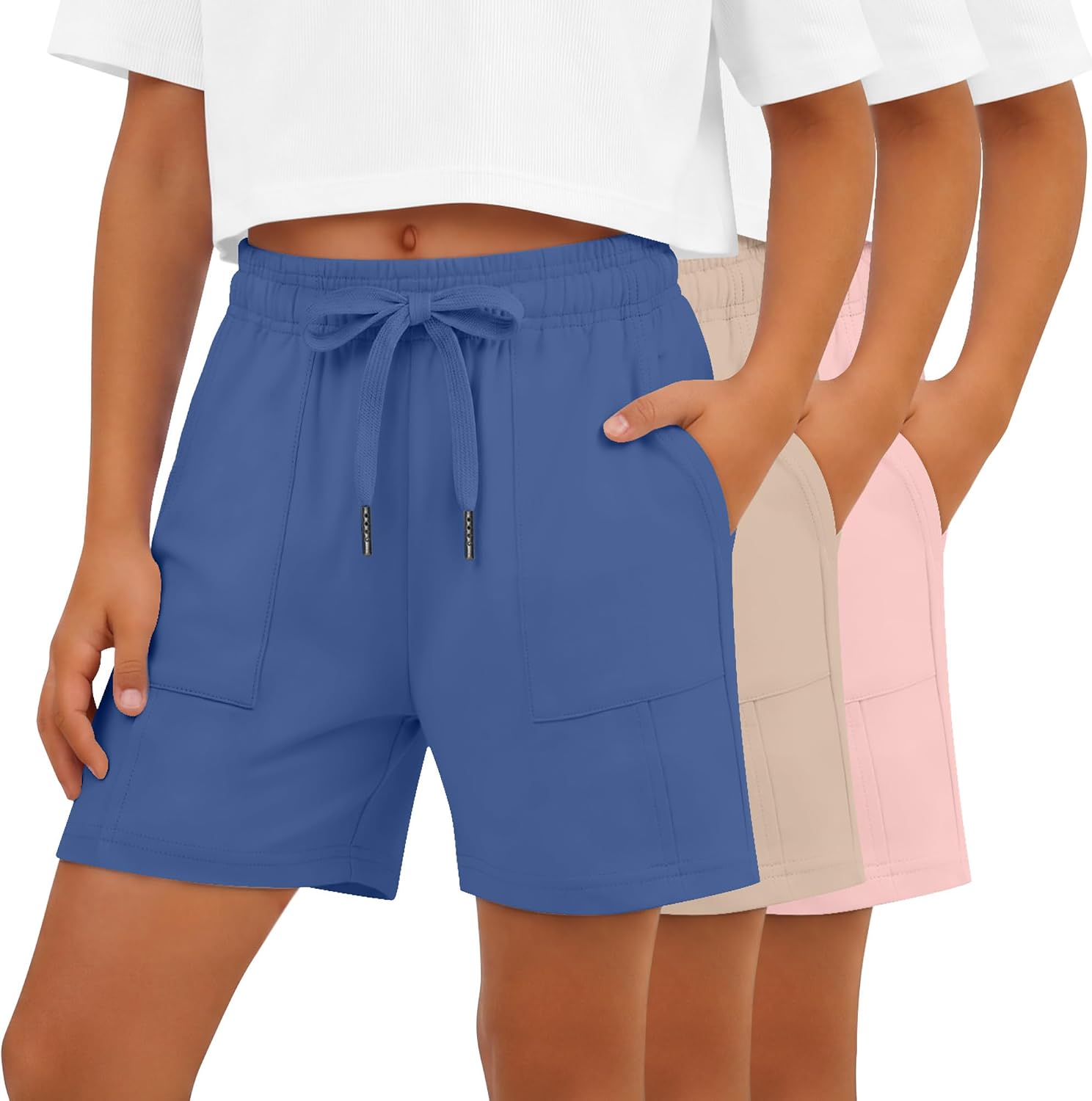 3 Pack Girls’ Shorts Baggy Wide Leg Sweatshort Kids Elastic Drawstring Summer Athletic Casual Shorts with Pockets