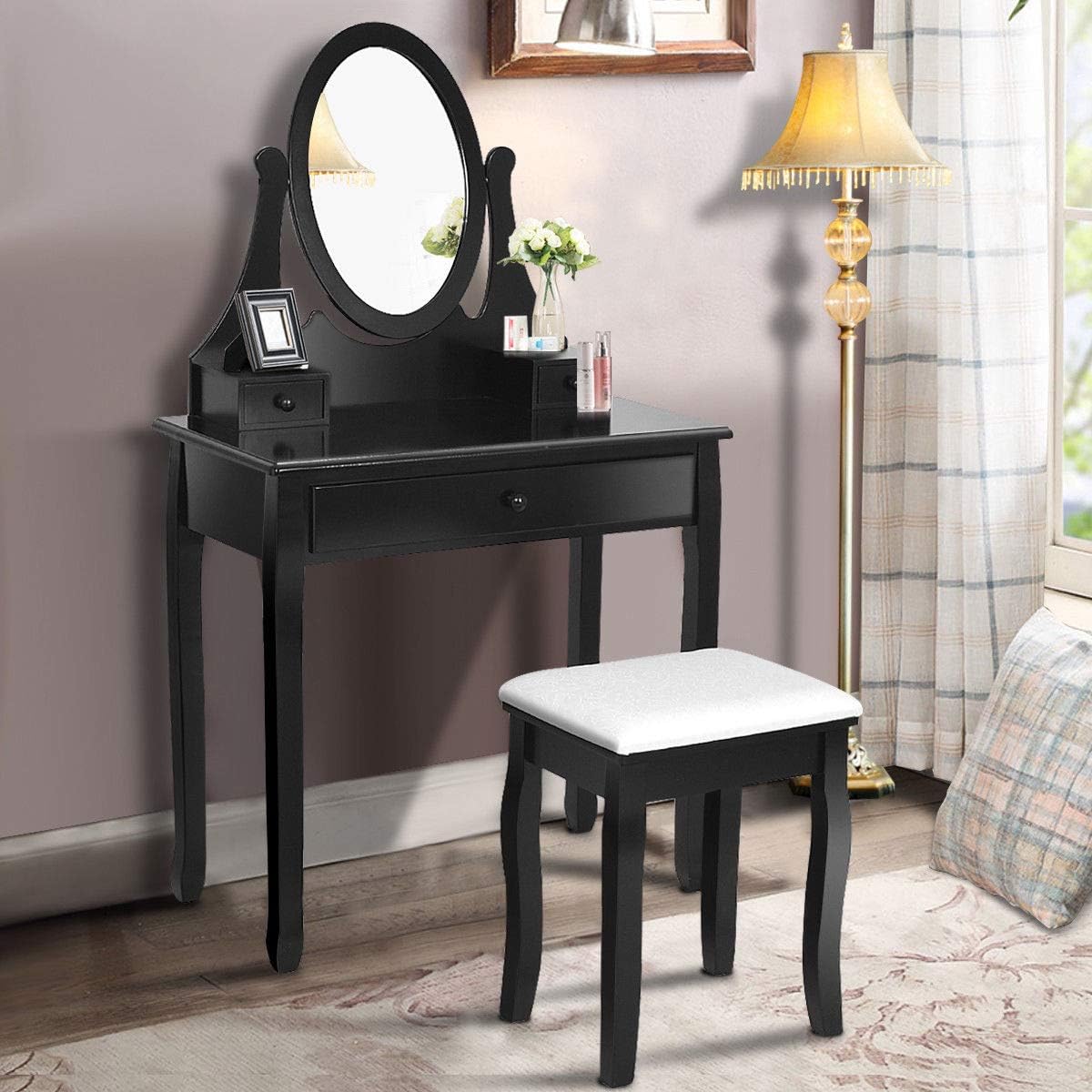 Giantex Vanity Set with Oval Mirror and Cushioned Stool, Makeup Dressing Table with 3 Drawers, Modern Bathroom Bedroom Makeup Organizer Vanity Table for Women Girls Gifts (Black)