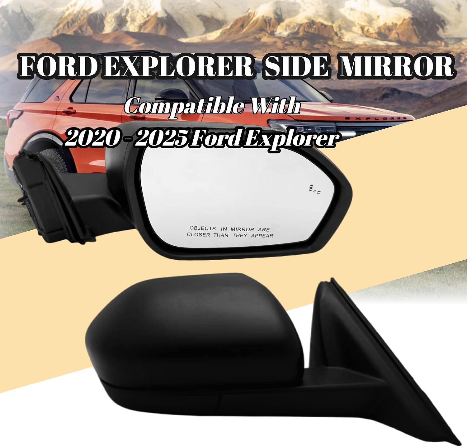 Passenger Side Mirror Compatiable With 2020-2025 Ford Explorer With Power Glass Blind Spots Manual Folding Non-Heated 5-Pins Textured Black Without Turn Signals