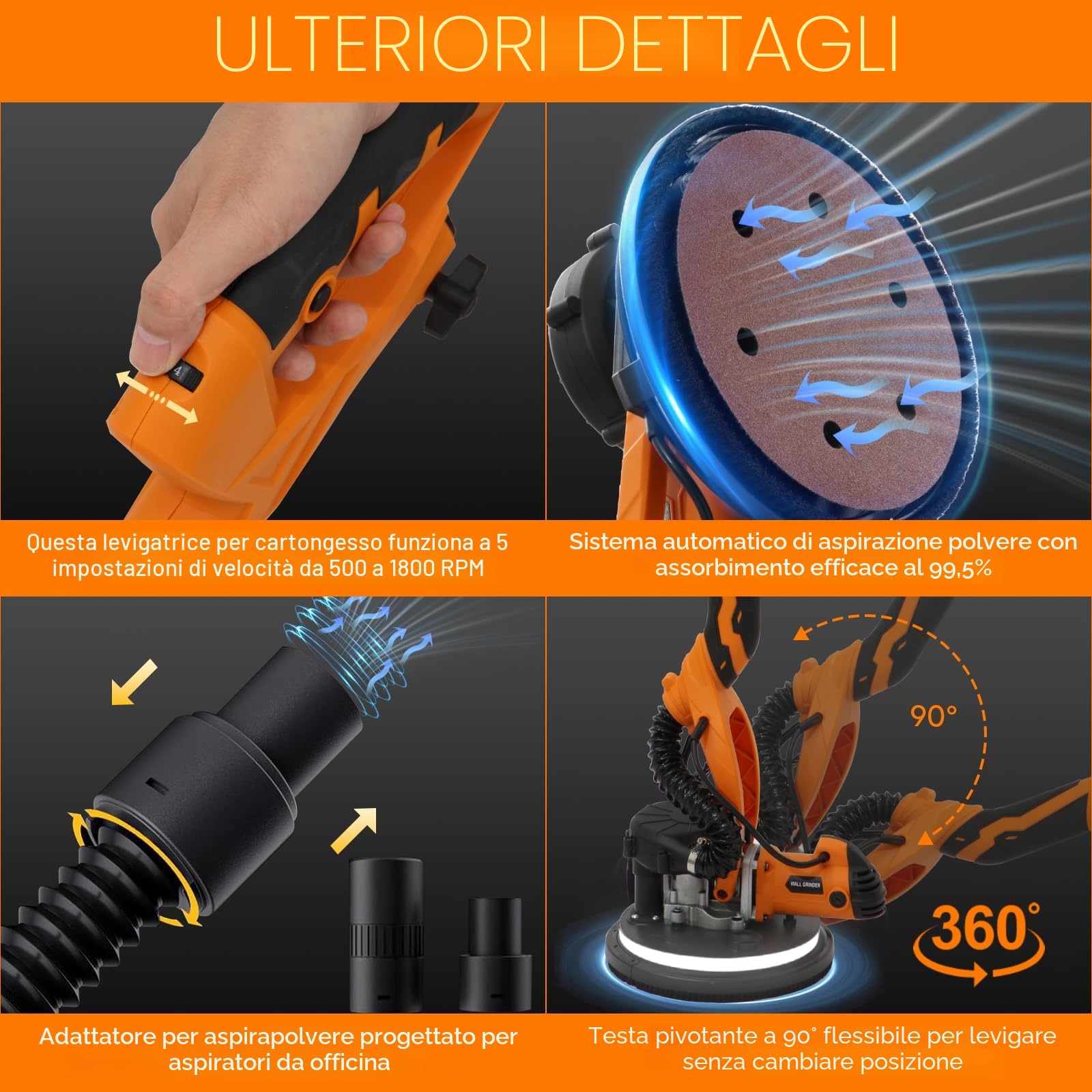Ponceuse Girafe, 1250W Ponceuse Mur et Plafond, 5 Vitesses Variables 800-1800RPM avec poignée télescopique avec bande lumineuse LED et sac de collecte de poussière par aspiration