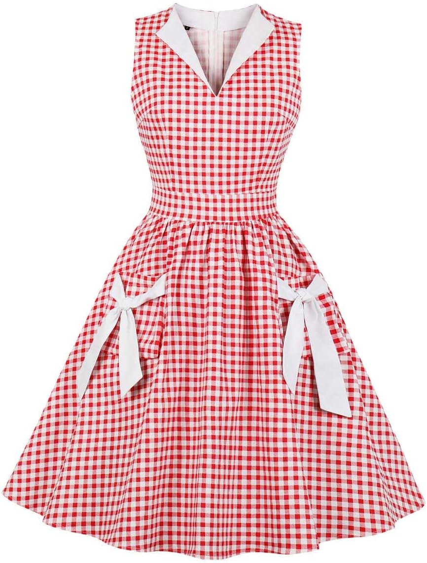 Wellwits Women's Sleeveless Bow Pockets V Neck Vintage Plaid Dress