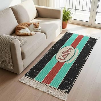 Coffee Vintage Black Teal Hallway Runner Rug 2x6, Laundry Room Washable Woven Cotton Area Rug with Tassels, Farmhouse Rustic Non Slip Throw Rugs Carpet for Hallways Bedroom Kitchen Bathroom