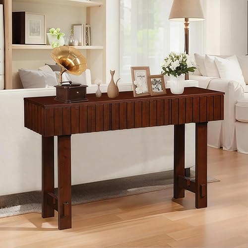 Miniatura 3 de HMFULE Mesa consola de madera maciza de 52 pulgadas para entrada, moderna mesa de sofá detrás del sofá con 3 cajones, mesas de sofá de granja para