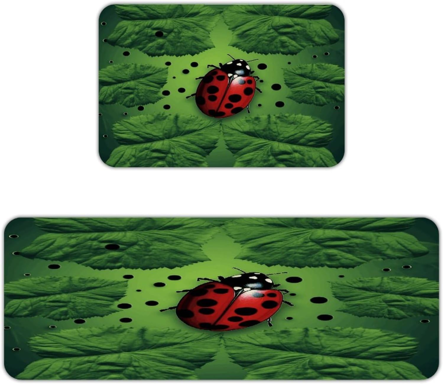 Green Leaf Ladybug Kitchen Mats with 2PCS Non-Slip Washable,Kitchen Rug Heavy Duty Durable, Floor Mats for Kitchen,Office,Sink,Laundry