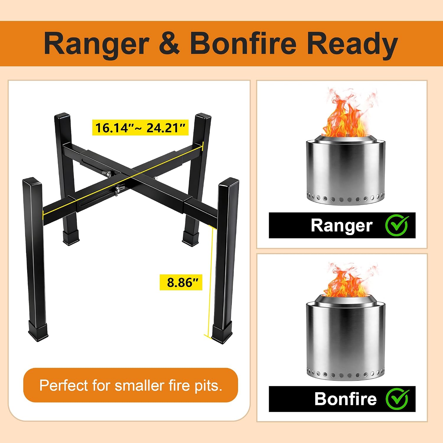 16-24 Inch Fire Pit Stand Stainless Steel Base for Solo Stove Bonfire Ranger and other Retractable Foldable Fire pit Holder with Optional Wheels and Heat Protection Disk Outdoor (Cross Fixed)