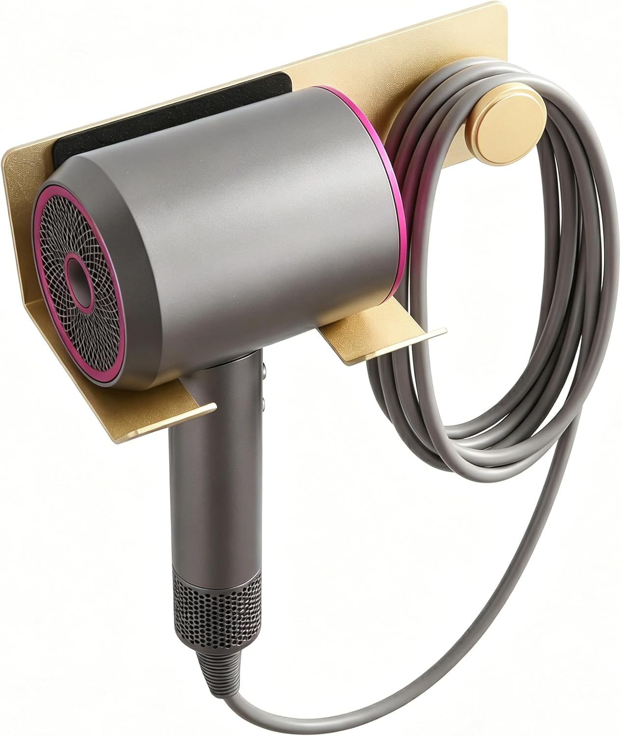 Brushed Gold Hair Dryer Holder Wall Mount, Aluminum Blow Dryer Rack with Anti-Scratch Pad, Adhesive Pad & Screws Included, Renter Friendly Bathroom Organizer