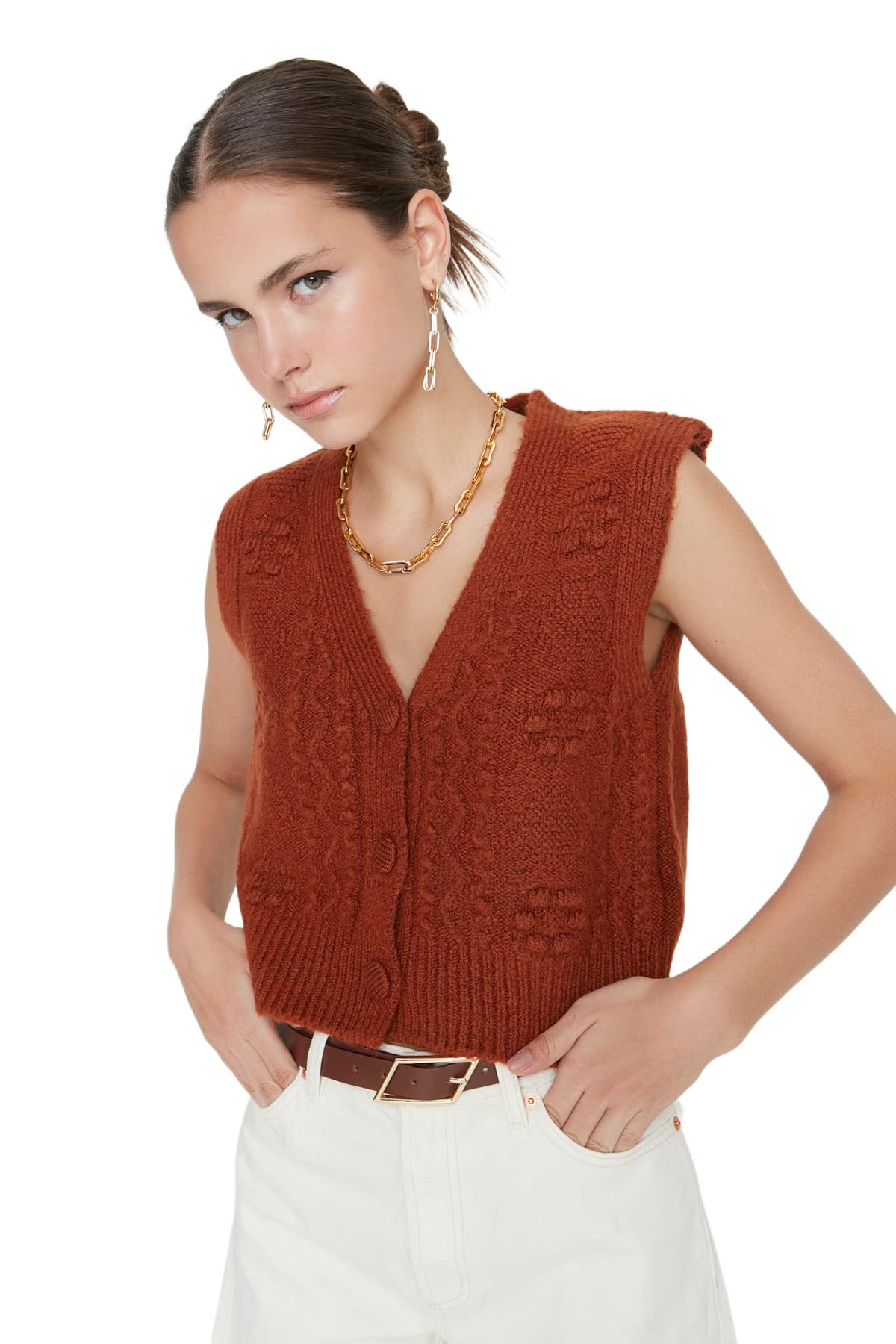 TRENDYOL Damen V-Ausschnitt Unifarben Regular Strickweste Sweater (1er Pack)