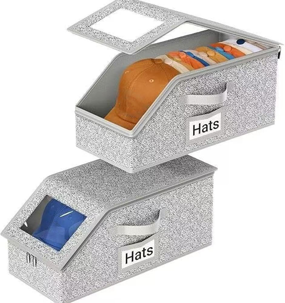 BINBE Baseball Cap Storage Stackable Cap Hat Storage with Carrying Handles & Lid Dust-Proof 2pcs Grey